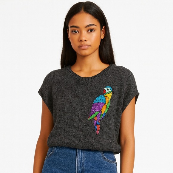 Vintage Sweaters - Thumsup Women's Vintage Sweater Rayon Blend Black Sequin Parrot Medium‎